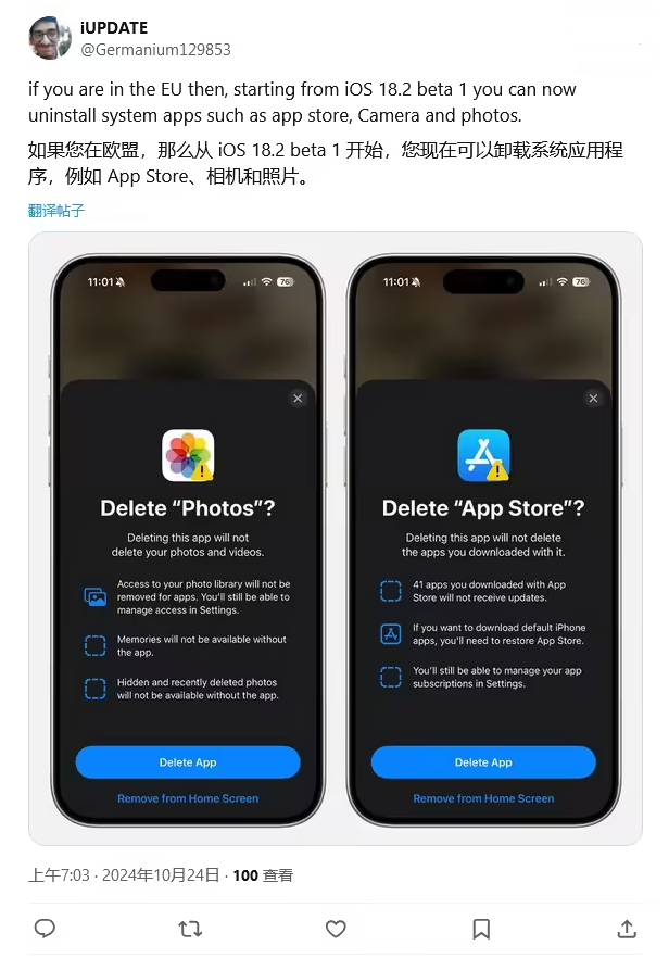 东丰苹果手机维修分享iOS 18.2 支持删除 App Store 应用商店 