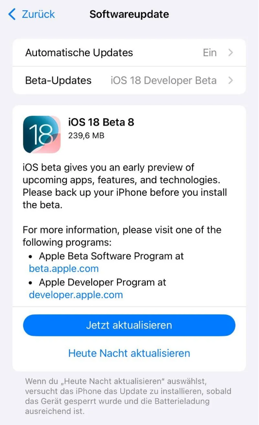 东丰苹果手机维修分享苹果 iOS / iPadOS 18 开发者预览版 Beta 8 发布 